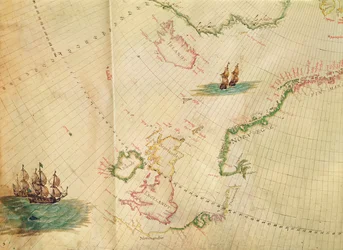 Ms. 1288 fol. 1 A Polar Aurora, Anglia, Írország és Norvégia részlete, a holland tengeri térképek gyűjteményéből.